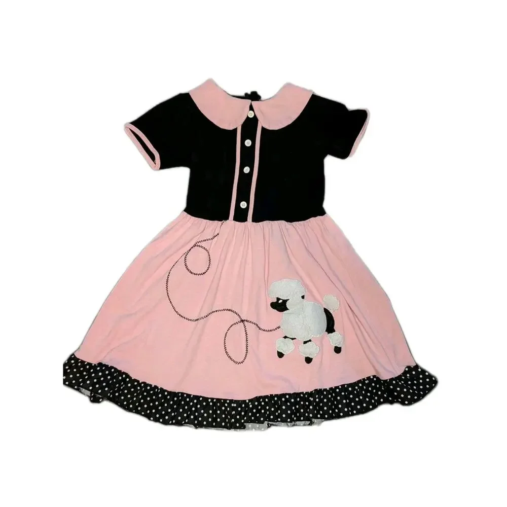 Girls Pink Black 50s Poodle Party Dress Retro Hop Halloween Costume Size 6